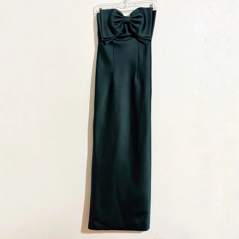 Alfred Sung Natasha Bow Detail Strapless‎ Satin Twill Column Gown Evergreen D859 - Picture 4 of 10